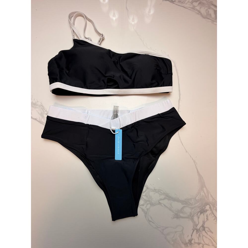 Women’s Black White Bikini Set One Shoulder High Waisted Swimsuit NWT